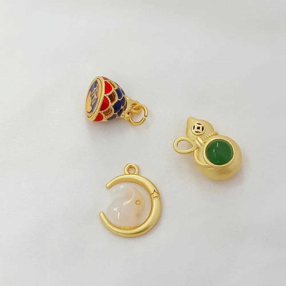 18K Matte Gold Inlaid Jade Hollowed-out Gourd Moon Rabbit Carp Flipping Pendant DIY Bracelet Necklace Pendant