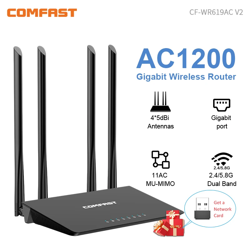 Roteador WiFi com 4 Antenas, Amplificador de Sinal Sem Fio, Mimo Booster, Repetidor para Casa, Preto, 2.4G, 5G, AC1200 Gigabit, 2.4G