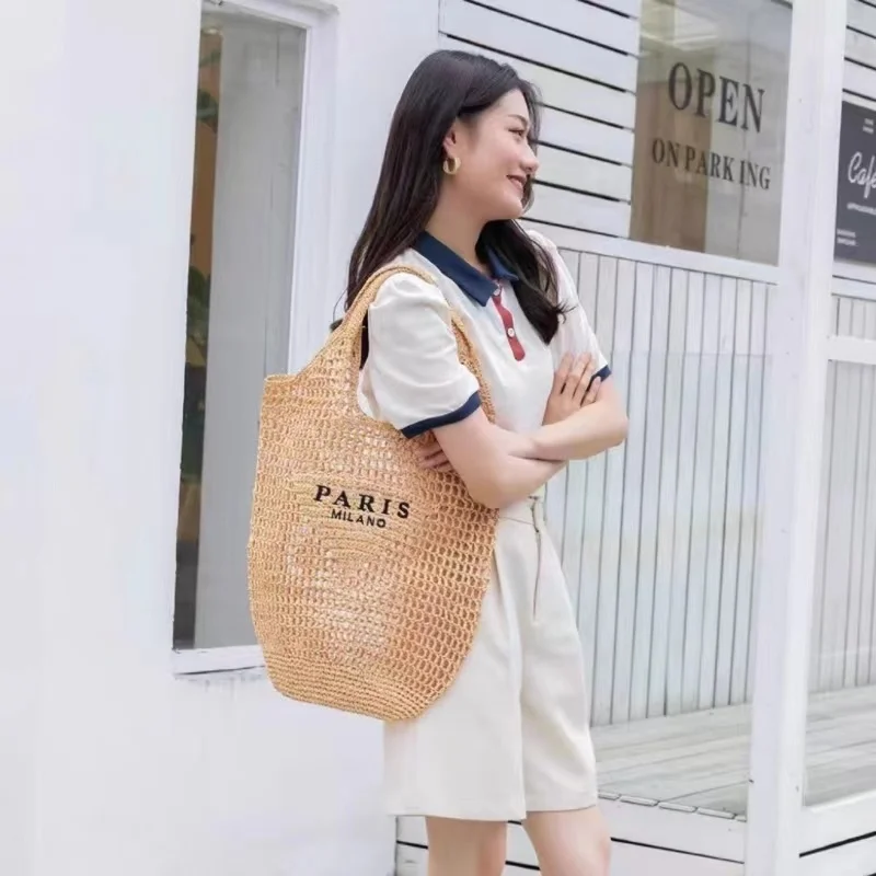 Women's Summer Beach Vacation Fashion Straw Knitting Shoulder Bags Luxury Hollow Out Handbag Portable Large Capacity Casual Tote