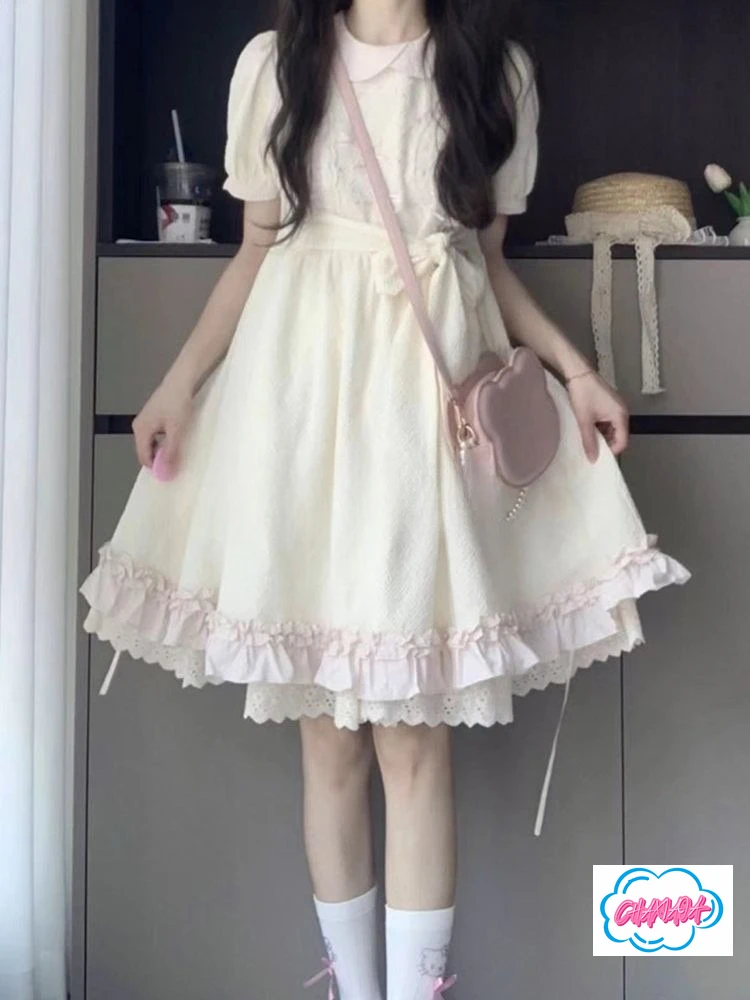 2025 verão doce estilo universitário arco cinta boneca colarinho lolita vestido feminino cintura e fina borda de folha de lótus fofo vestido de princesa