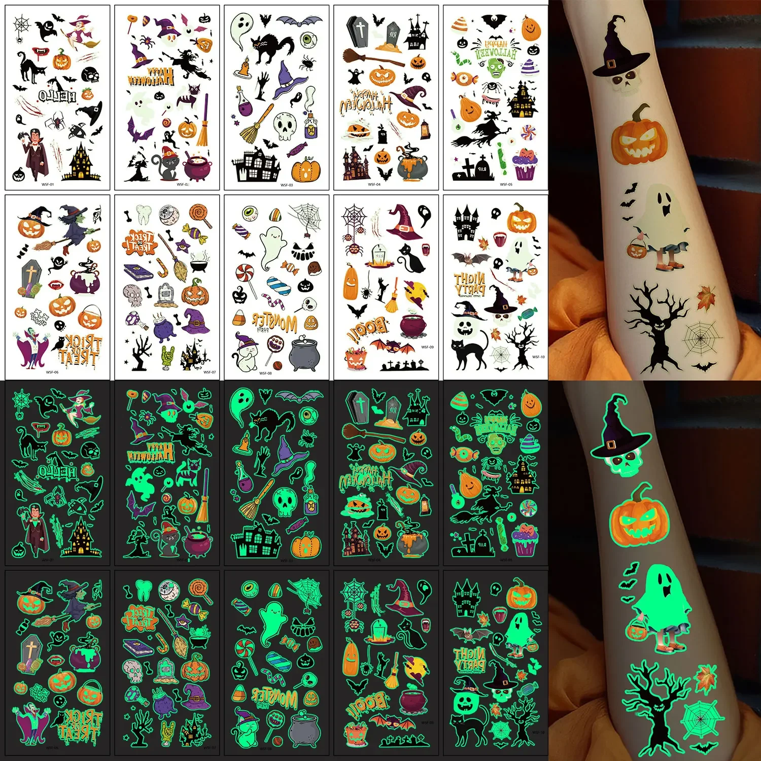 ملصقات وشم مؤقتة، 10 ورقات مع 180 قطعة، تتوهج في الظلام، سلسلة الهالوين، مقاومة للماء، تصميمات واقعية