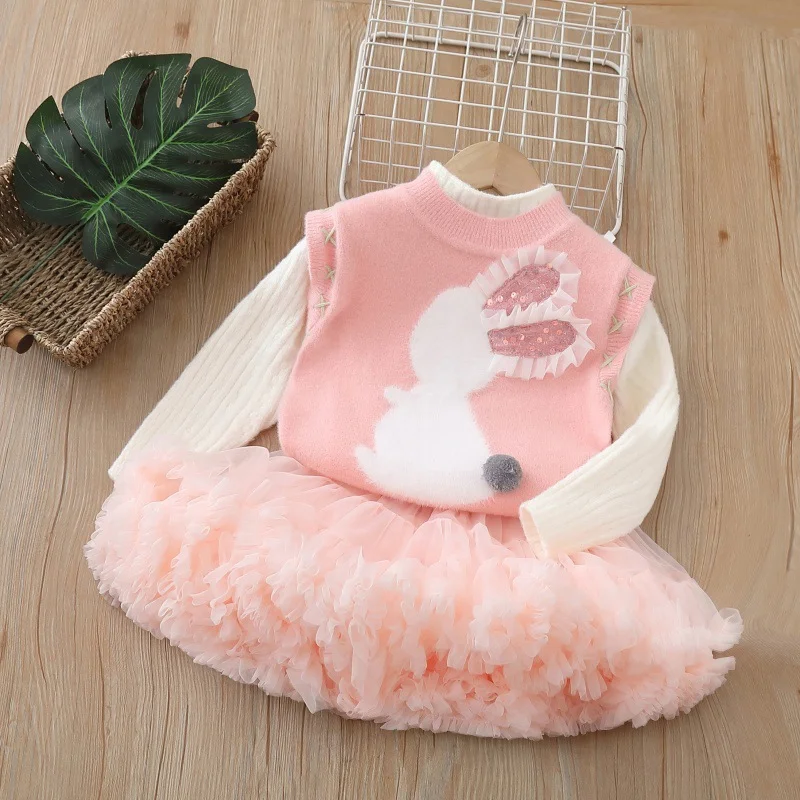

Baby girl clothes 1-6Y Girls Waistcoat New Autumn Girl Tutu Skirt Elegant Princess Set sweater + Mesh puffy skirt Girl Baby Cute