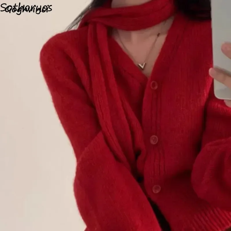 Cárdigans para mujer con cuello en V, combinables con todo, de punto, estilo coreano, sólidos, abrigos de Otoño Invierno para chicas jóvenes, suéteres cálidos de calle Retro