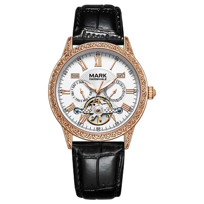 New Automatic Personality Mechanical Watch for Men with Waterproof Genuine Leather Strap and Round Pin Buckle