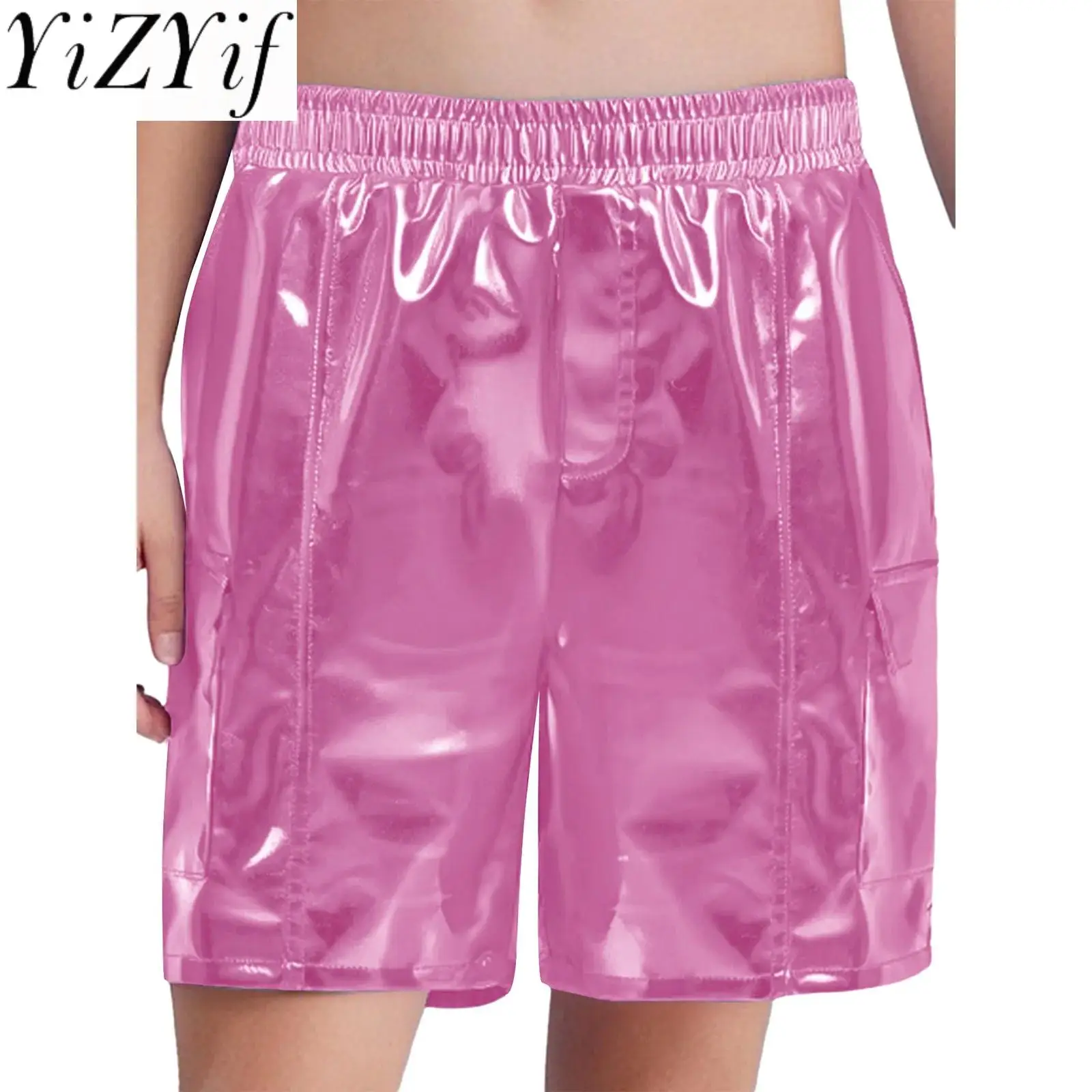 

#6-16 Kids Girls Jazz Hip Hop Dance Performance Metallic Cargo Shorts Fashion Shiny Bottoms for Hip-Hop Jazz Street Dance Pants