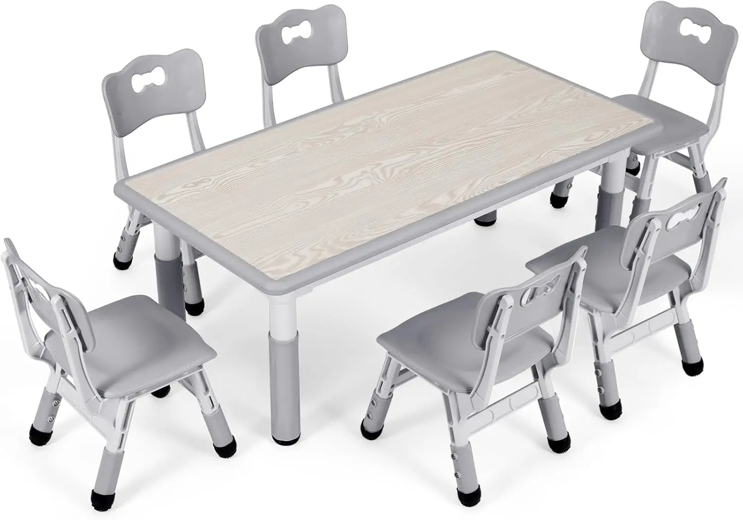 

Kids Study Table and 6 Chairs Set, Height Adjustable Graffiti Table, Preschool Activity Art Craft Table for 6,