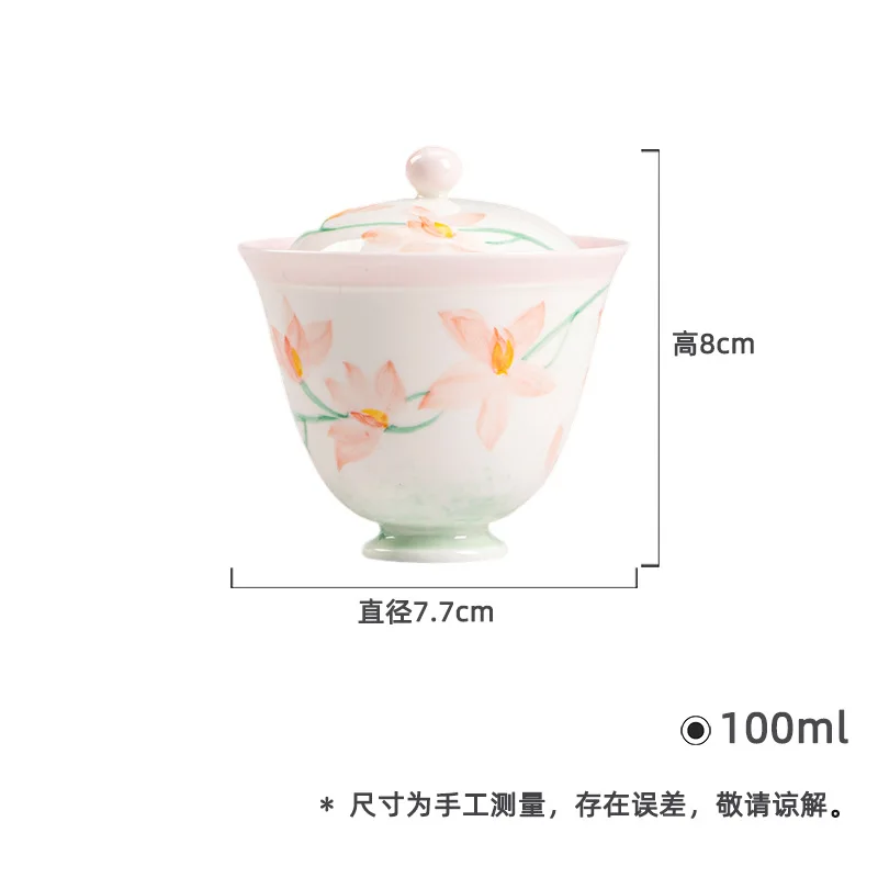 Jade Clay Hand-Painted Spring Reflection Peach Blossom Ceramic High Footed Gaiwan Kung Fu Tea Set Household Thin White Porcelain