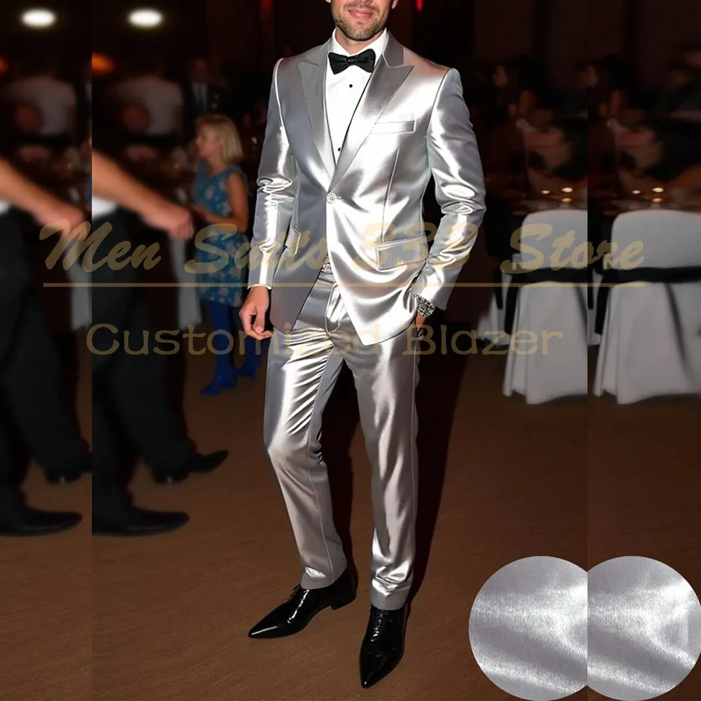 Elegant Silvery Suits for Men Blazer Formal Wedding One Button Peak Lapel Slim Fit Blazer High Quality 2 Piece Jacket Pants 2025