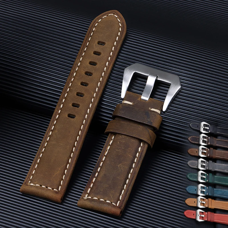 Bracelet de montre en cuir véritable, 20mm 22mm 24mm 26mm, noir, bleu, marron, Vintage, mat, pour femmes et hommes