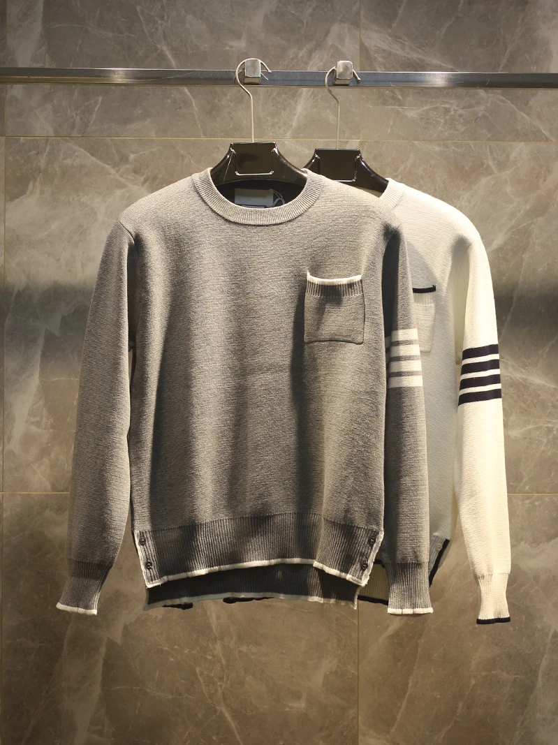 

High-End Knitted round Ne Sweater Four Bars Men's Overhead Knitwear Spring Autumn Faion Urban Sle Warm Striped Top
