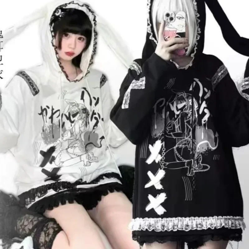 Japan Subcultural Cartoon Print Casual Loose Hoodies Y2k Aesthetic Patchwork Lace Design Punk Sweatshirt Constrast Color Clothes