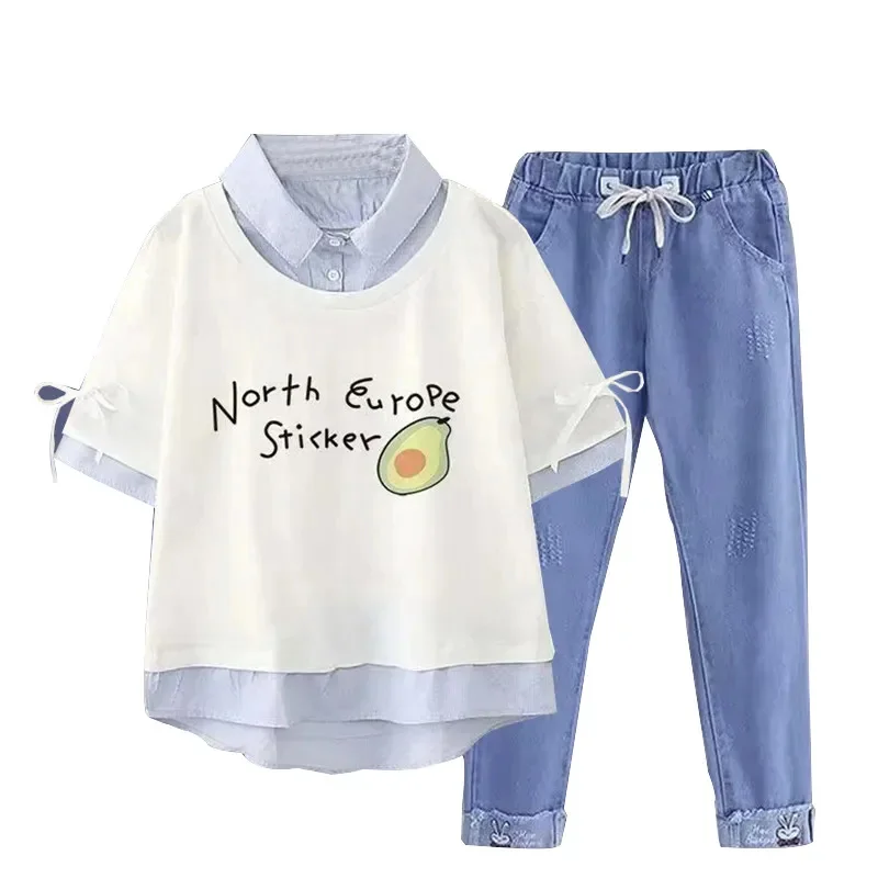 2 Pieces Anime Kid Clothing Autumn Girls Summer Short Sleeve T Shirt + Decoration Jeans Teen Outfit Sets 7-18 Years