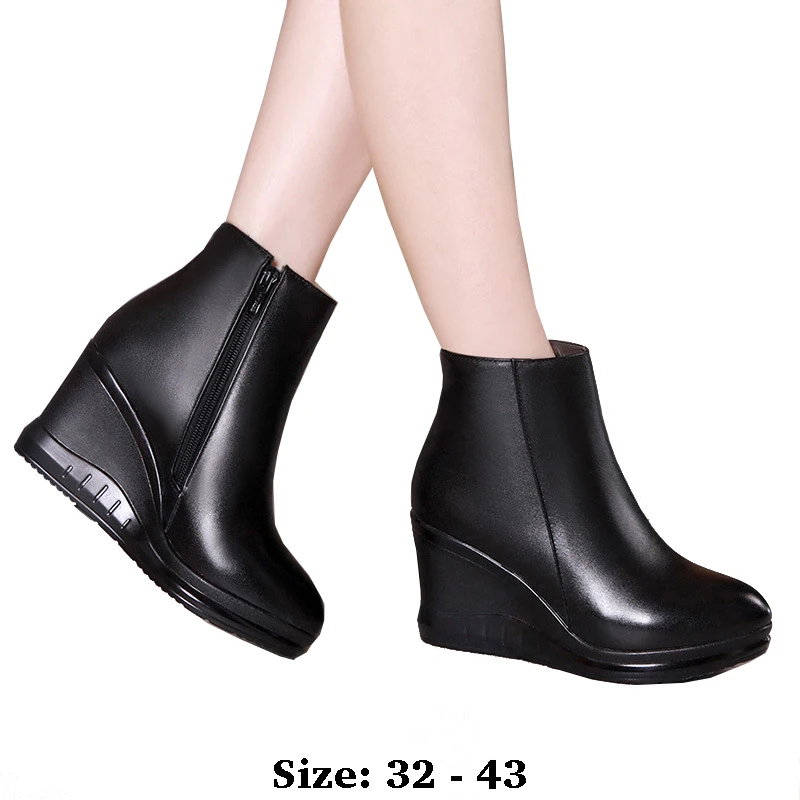 

high quality short ankle leather wedge boots for women 7cm high heel platform new 2025 autumn winter 32 33 43 elegant shoe black