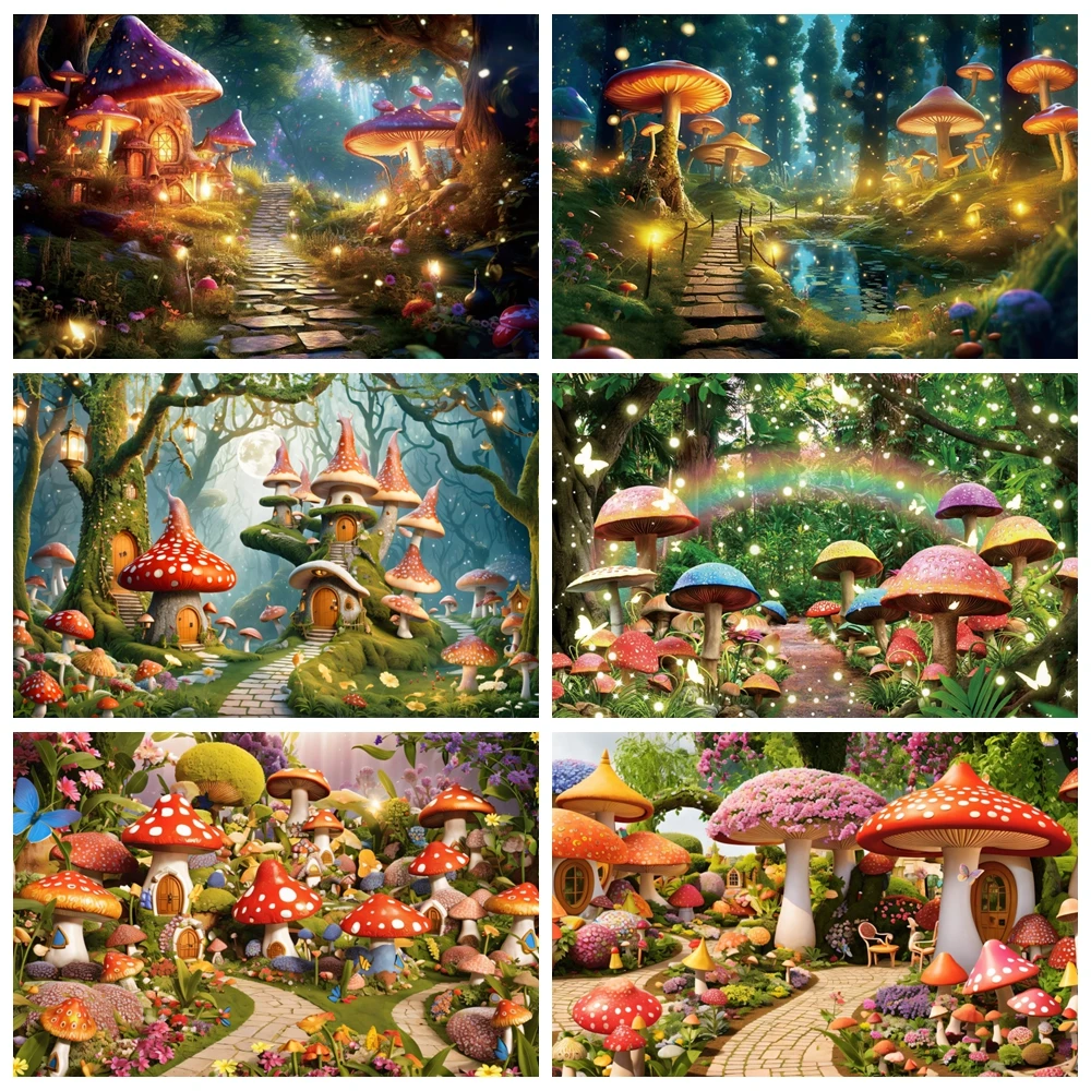 Fairy Tale Enchanted Forest Backdrop Dreamy Mushroom Jungle Wonderland Baby Birthday Party Photography Background Photo Studio