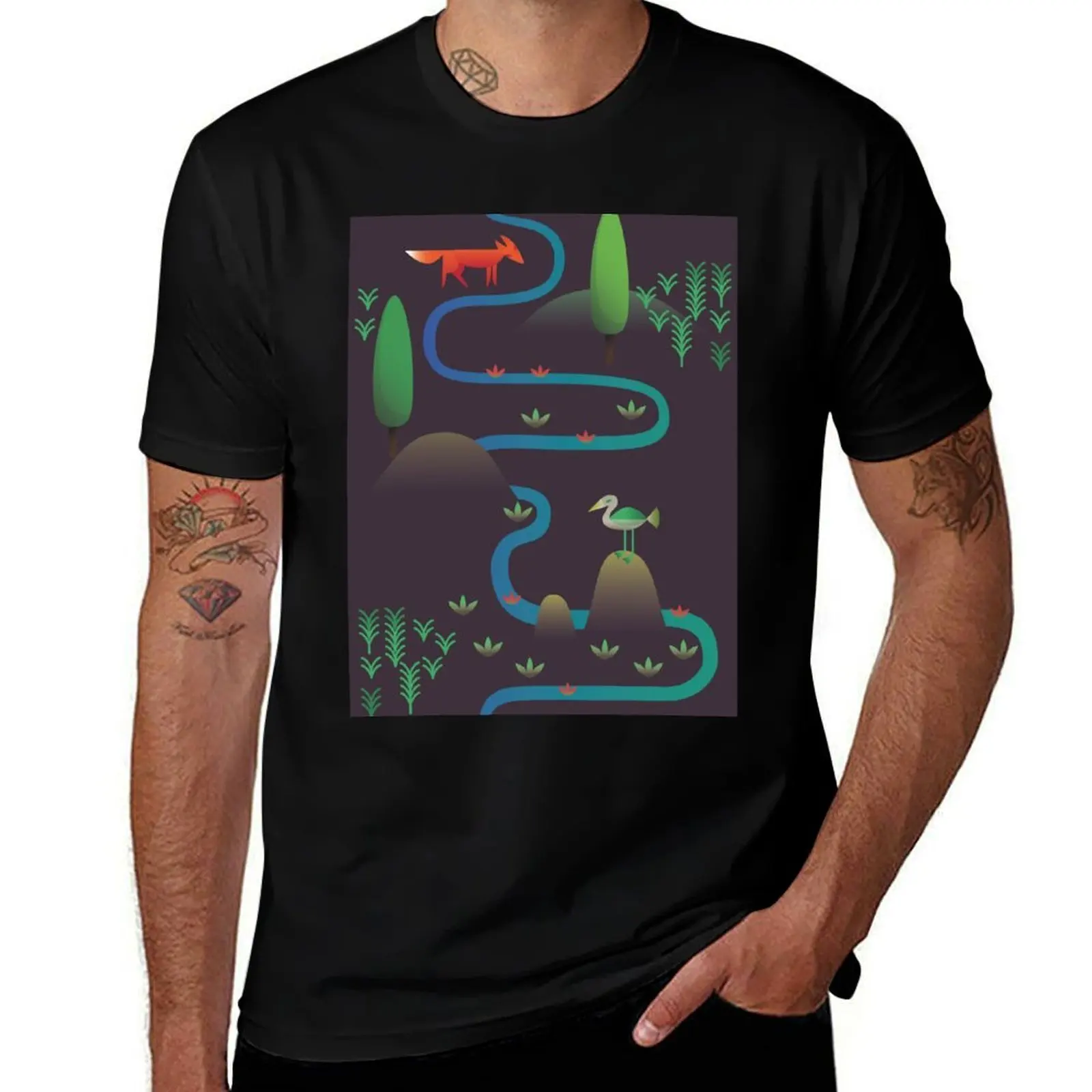 Landscape - Fox and Stream 2 (Pattern) T-Shirt Labor Work Casual T-Shirt