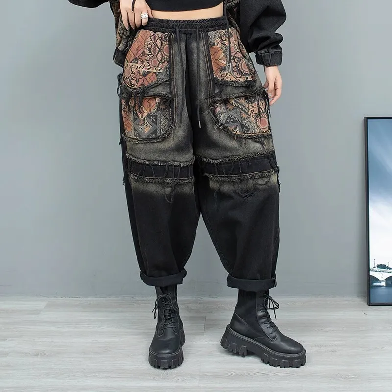 Trendy Vintage Printed Patchwork Harem Pants Women 2024 Autumn Black Denim Jeans Female LX2132