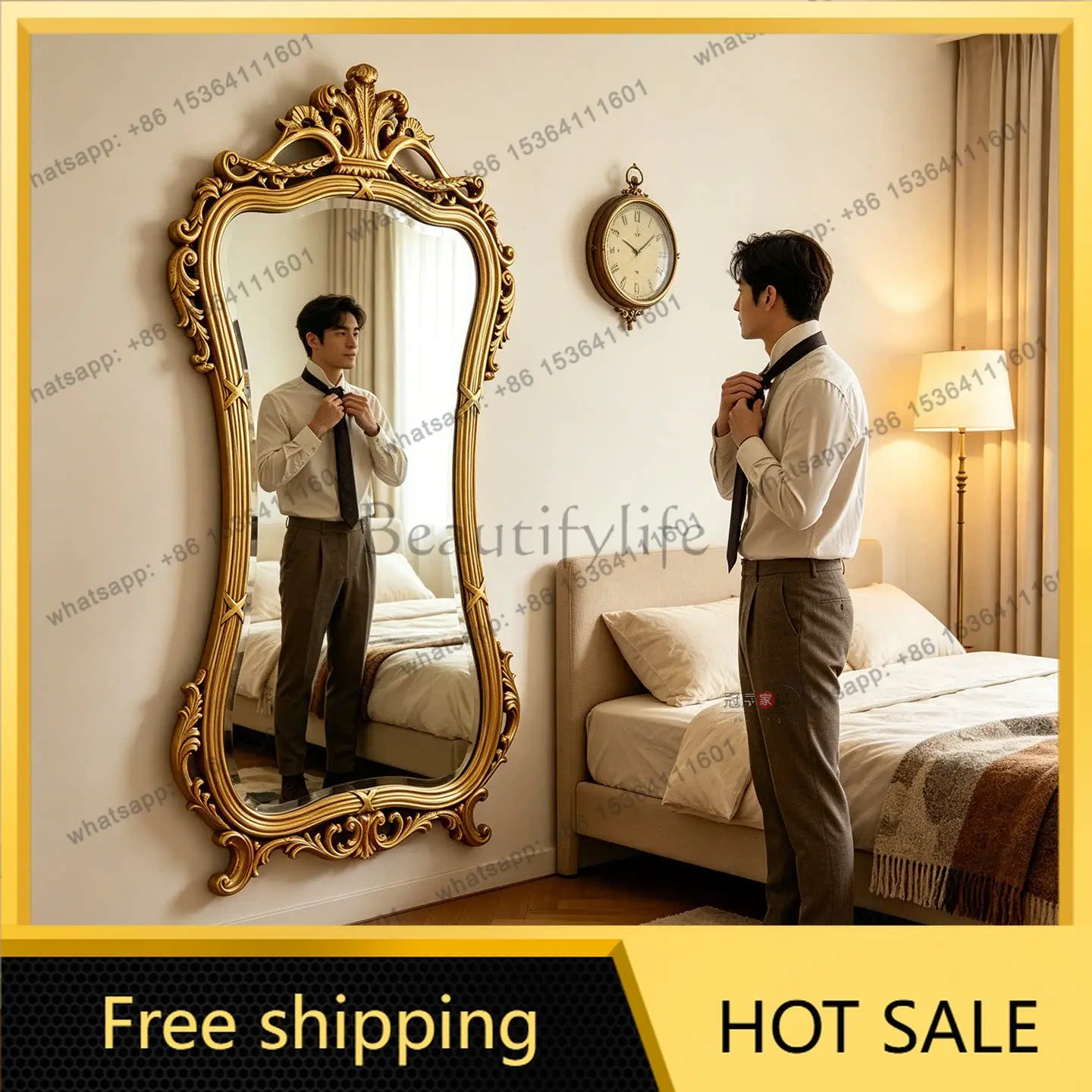 European retro special-shaped full-body mirror carved entrance living room American floor-to-ceiling wall-mounted fitting mirror