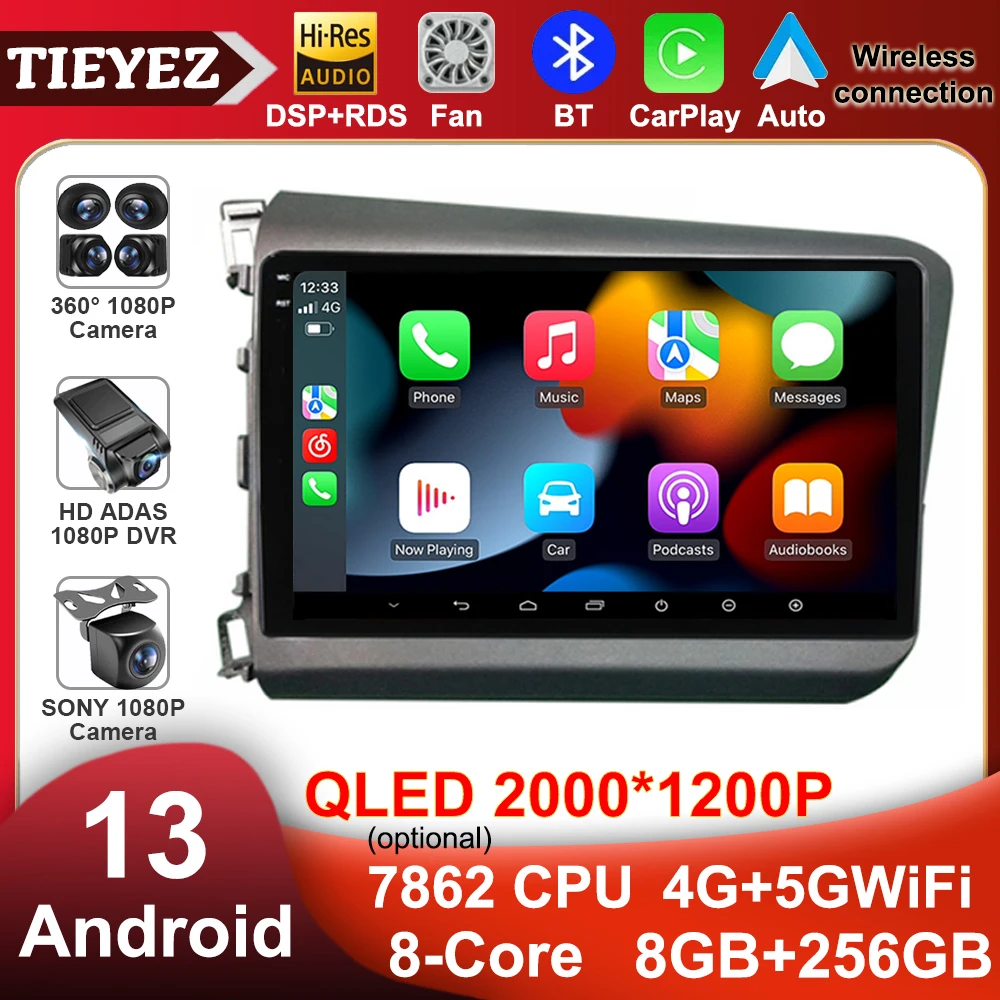 9 "Android 13 autoradio 8 Core per Honda Civic 2012 2013 2014 2015 lettore multimediale Carplay Stereo GPS Head Unit No DVD 2Din