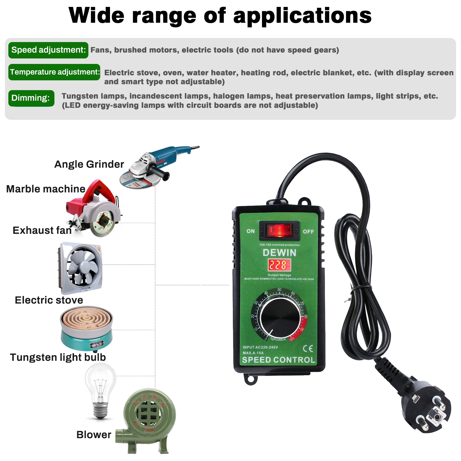 DewinLVD Speed Regulator Motor Fan Controller Stepless Speed Control Switch 15A Overload Protection EU Speed RegulatorControl