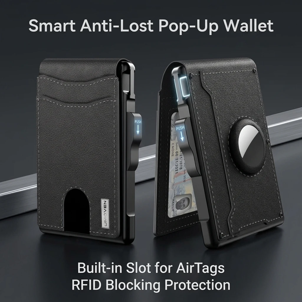 Men RFID Blocking Pop Up Card Holder Slim Leather Wallet With AirTag Slot Automatic Metal Credit Card Case Business Purse