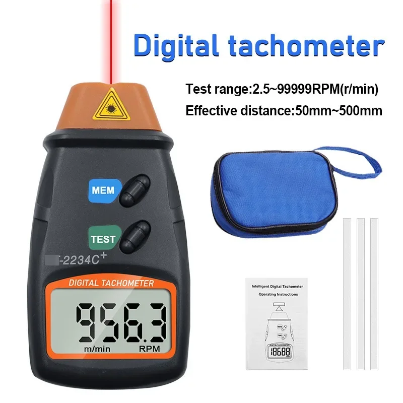 Digital Laser Tachometer Non Contact Electronic Photo Tachometers 2.5-100000 RPM Tach Meter DT-2234C+With Reflecting Tape Marks