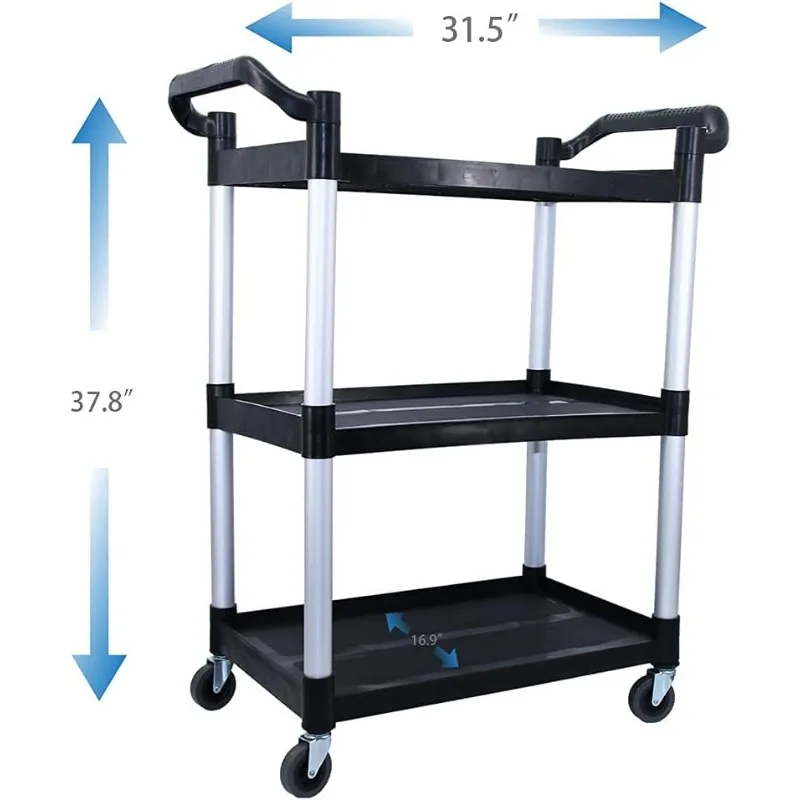 Plastic utility vehicle, wheels lockable, heavy duty restaurant cart, 390 LBS, 2 handles, black.