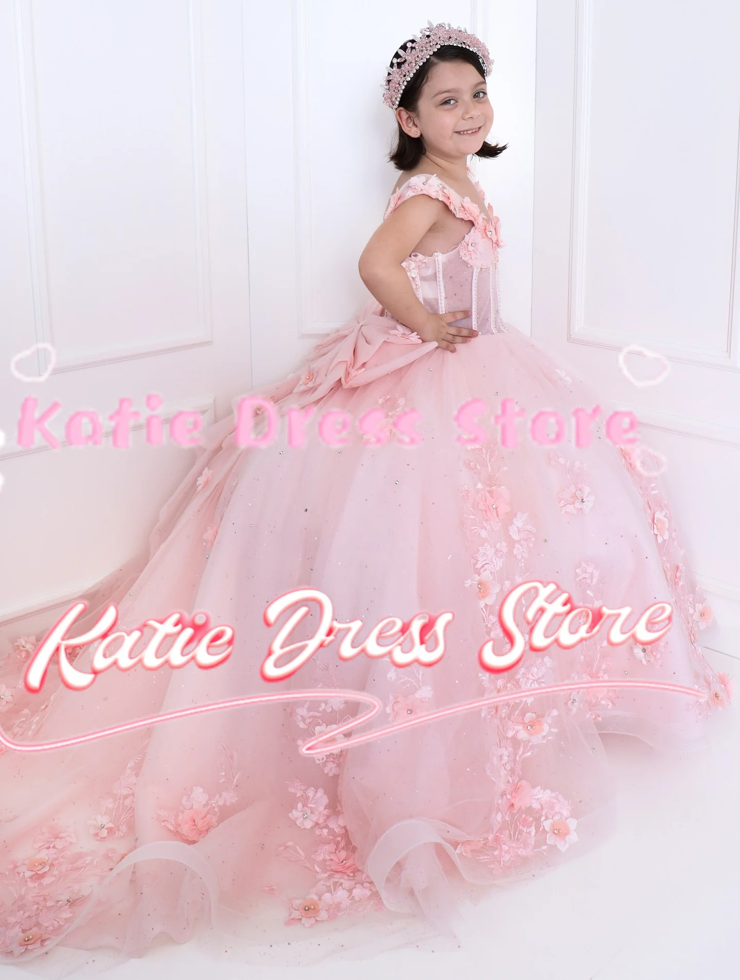 

Light Pink Flower Girl Dress For Wedding Applique Tulle Puffy Elegant Kids Birthday Party First Communion Ball Gowns Customized