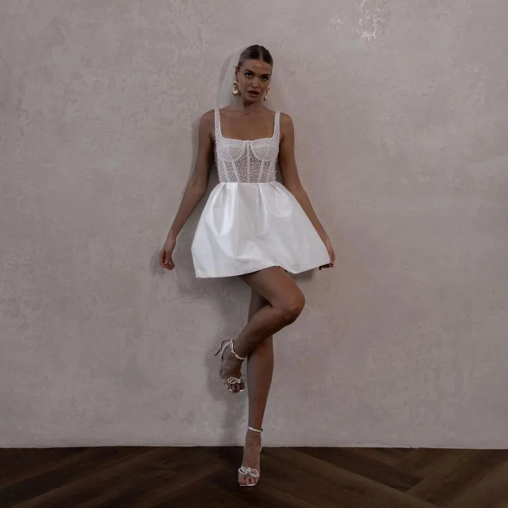 

Flavinke Spaghetti Straps Beads Pearls Sheer Corset Wedding Dresses Sleeveless Short Wedding Gowns Backless Bridal Gown vestido