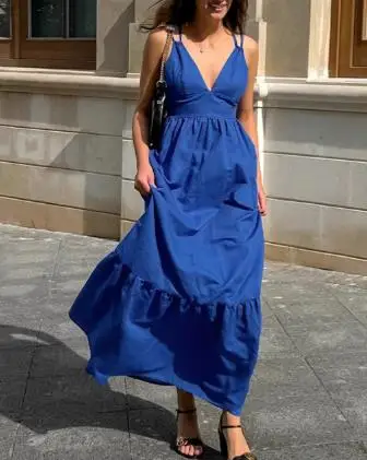 2025 Women's Fashion Latest Spring/summer New Long Dressvacation Style Blue Cotton and Linen V-Neck Suspender Backless Dress