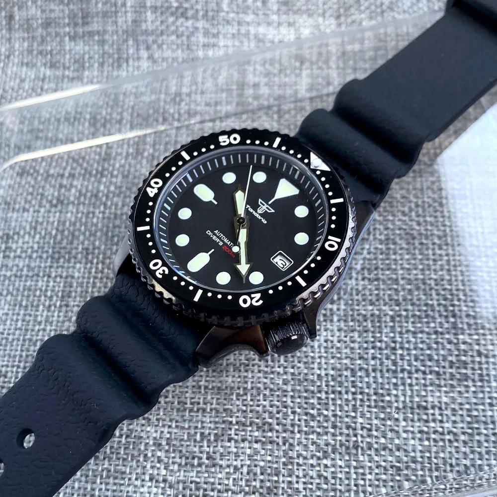 Black SKX Mod Dive Automatic Watch Men 3.8 Crown Tandorio Selfwinding Wristwatch 120Click Bezel Rubber Band Black Chapter Ring