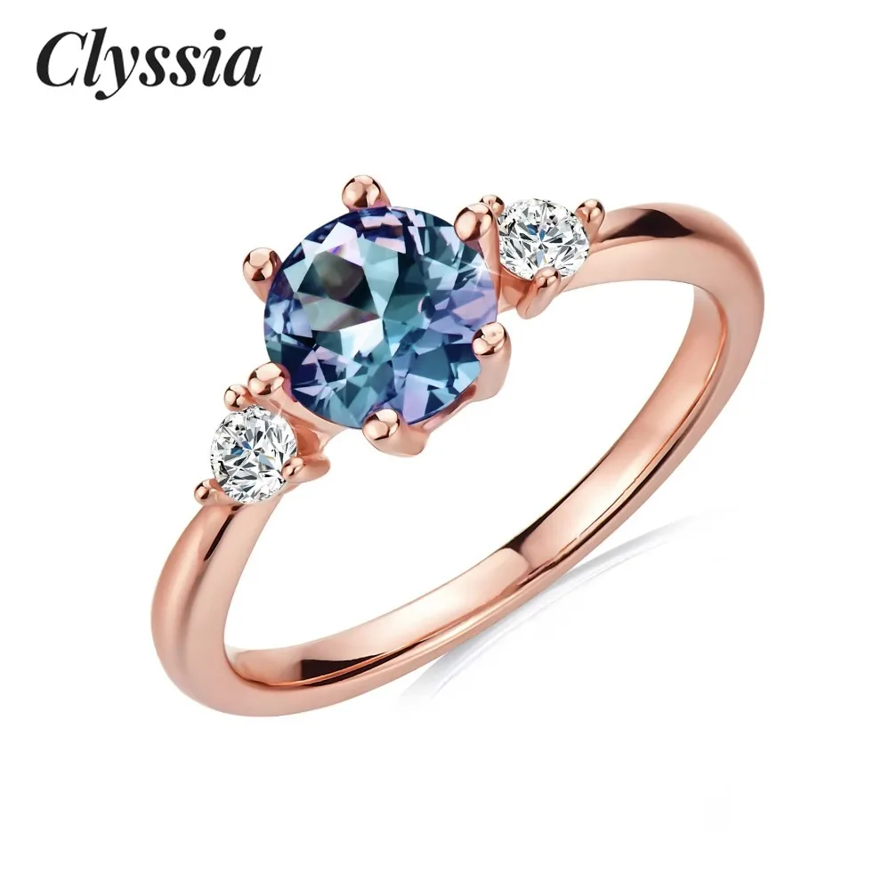 

CLYSSIA Round Cut Lab Created Alexandrite 925 Sterling Silver Gemstone Jewelry Vintage Dainty Ring for Women Party Gifts