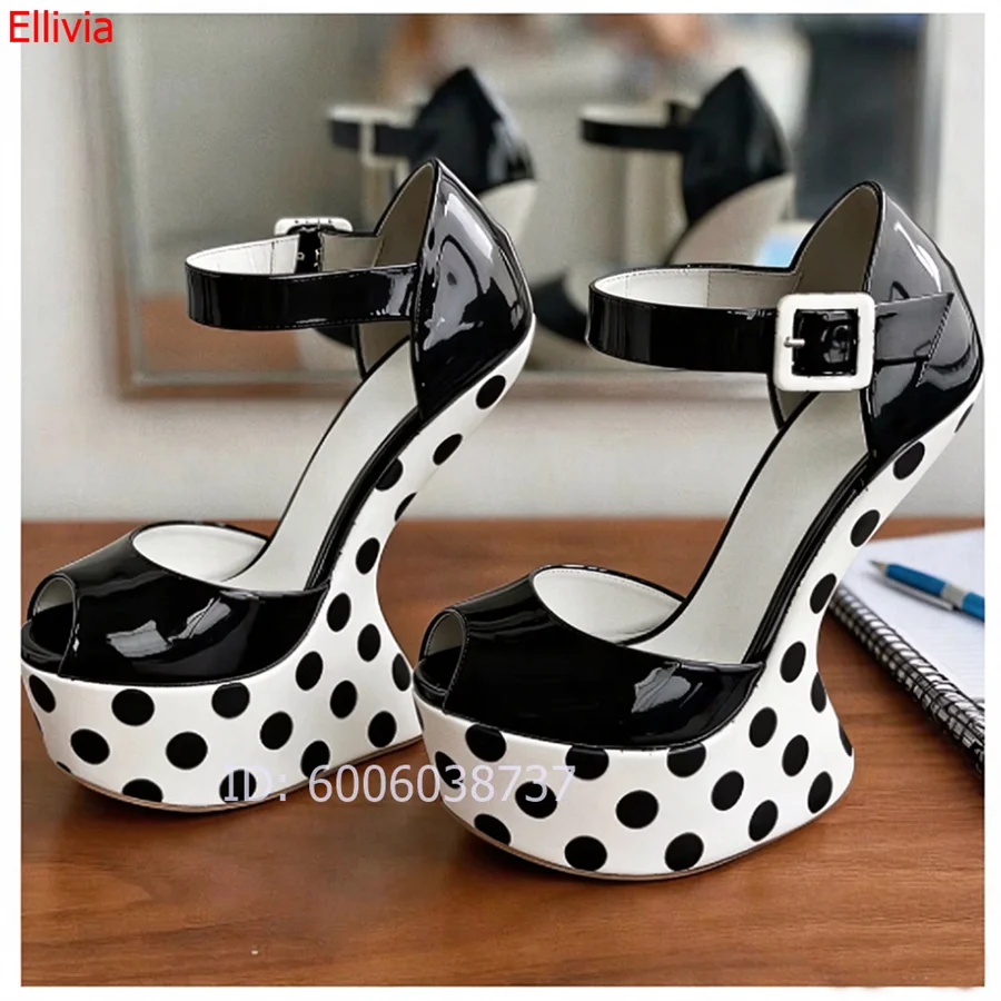 Women Polka Dot Wedge Sandals Peep Toe Ankle Strap Buckle Platform High Heels  Patent Leather Fashion Ladies Party Dress Shoes - view 4