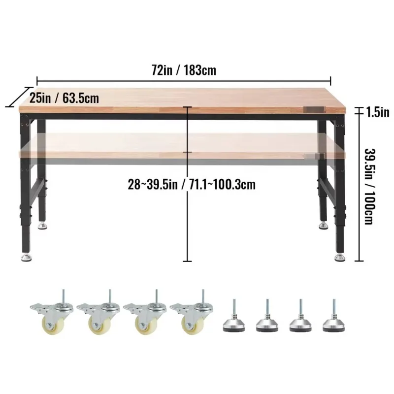 High-quality metal workbench, solid wood base, easy to assemble, suitable for garage tool table movement and universal wheel