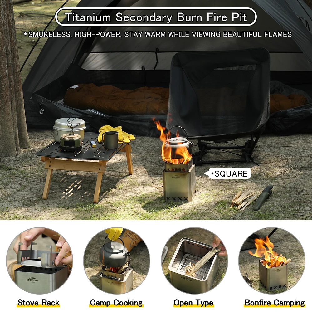 Soomloom Titanium Secondary Burn Fire Pit SOLO Ultralight Firewood Stove Portable Outdoor Cook BBQ Campfire for Hiking camping