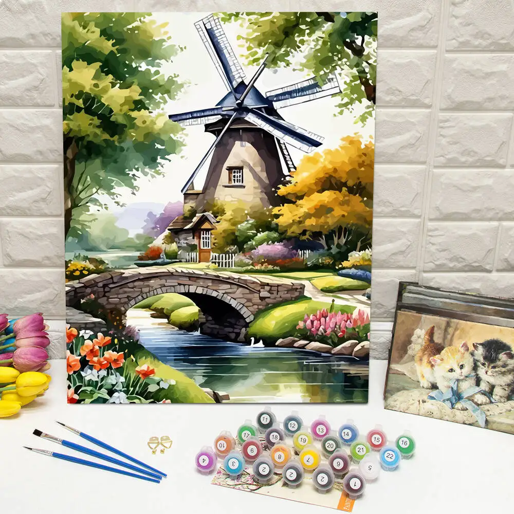 Ölgemälde nach Zahlen, Berglandschaft, DIY, digitale Malerei, Haus, Baum, Landschaft, Bild, Kunsthandwerk auf Leinwand, handgemaltes Geschenk