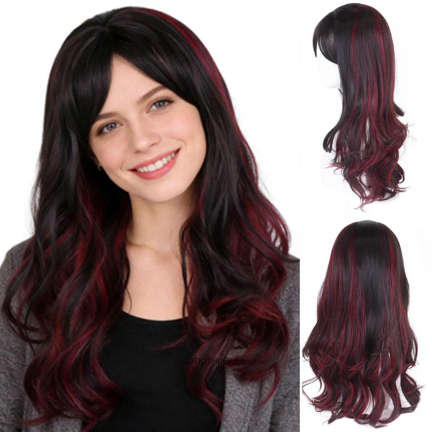 

Черно-красный парик для костюмов, синтетические волосы, длинный волнистый парик с челкой для женщин и девушек, естественный вид, для повседневной носки, вечеринок, косплея