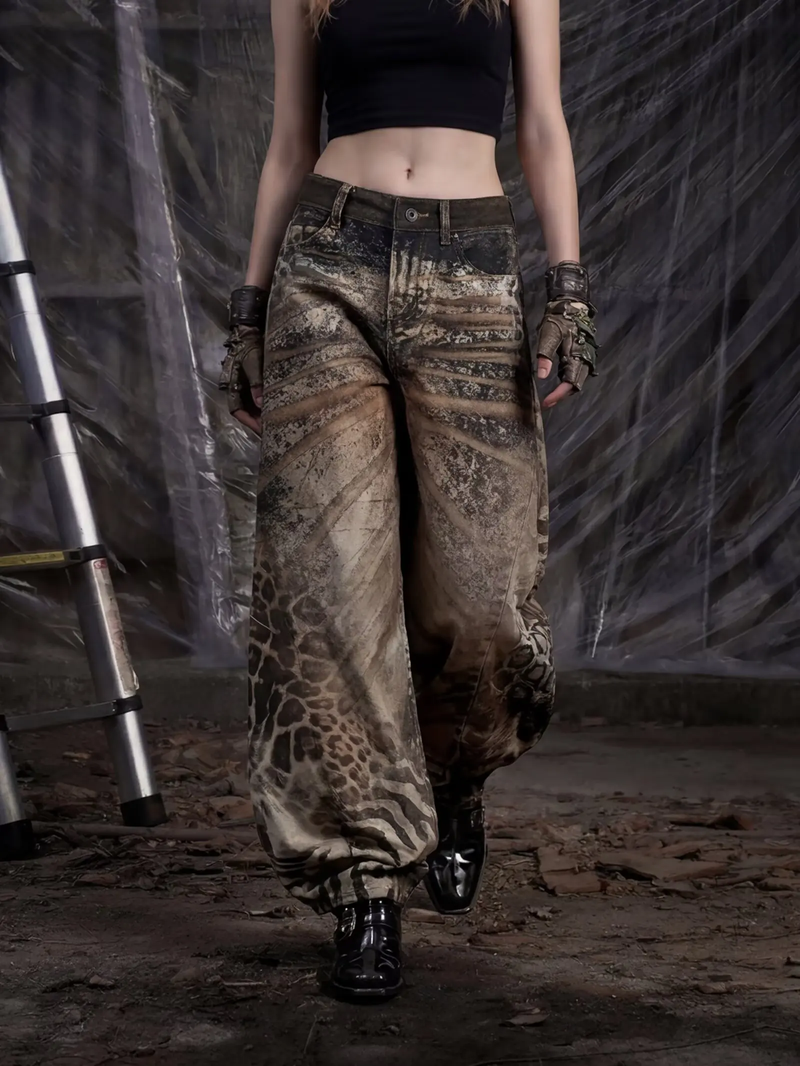 American 3D Printed Spot Leopard Pattern Vintage Loose Wide Leg Knife Jeans Casual Pants Men Women Style Casual Hiphop Wear