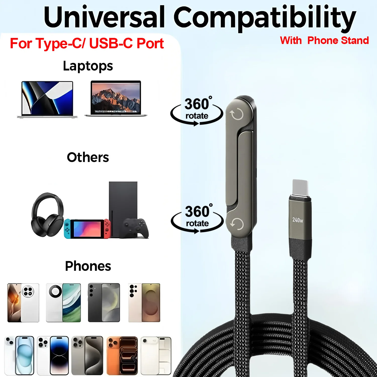 

2-в-1 240 Вт Складной держатель для телефона с быстрой зарядкой Кабель для передачи данных Кабель для быстрой зарядки Телефон Планшет Складной держатель