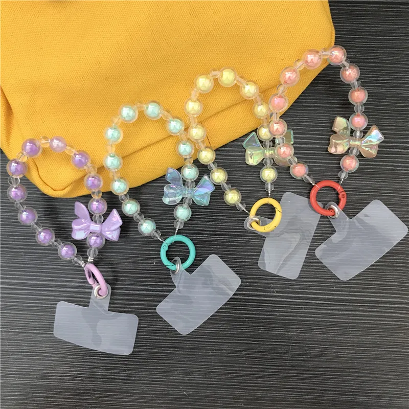 Cute Heart Beaded Bracelet Acrylic Colorful Bowknot Flower Butterfly Sweet Pearl Mobile Phone Shell Accessories Anti-Lost Chain