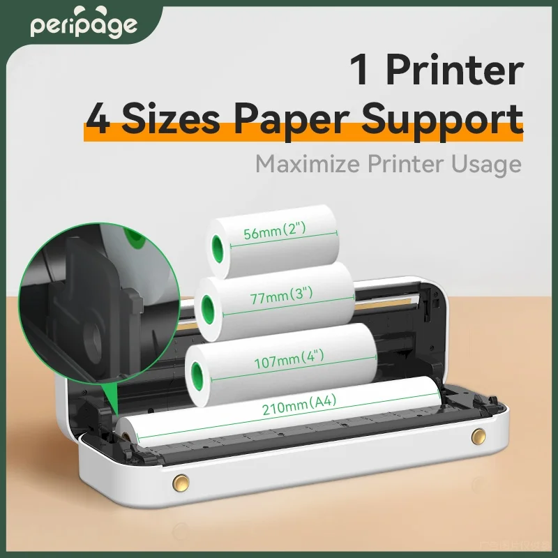 PeriPage-Papel térmico sem tinta, sem fio, Bluetooth, portátil, Mini impressora A4, Tamanho da foto do telefone, A40, 203, 304dpi