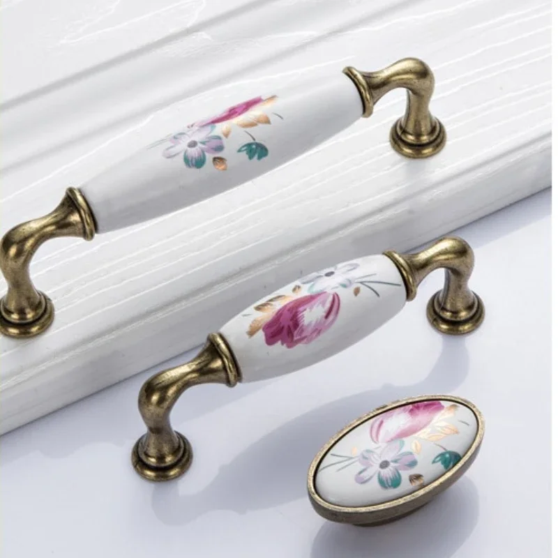 1PCs Vintage Ceramic Knob Metal Retro Handle Pull Button Ceramic Cabinet Knobs Handles China Flower Furniture Hardware