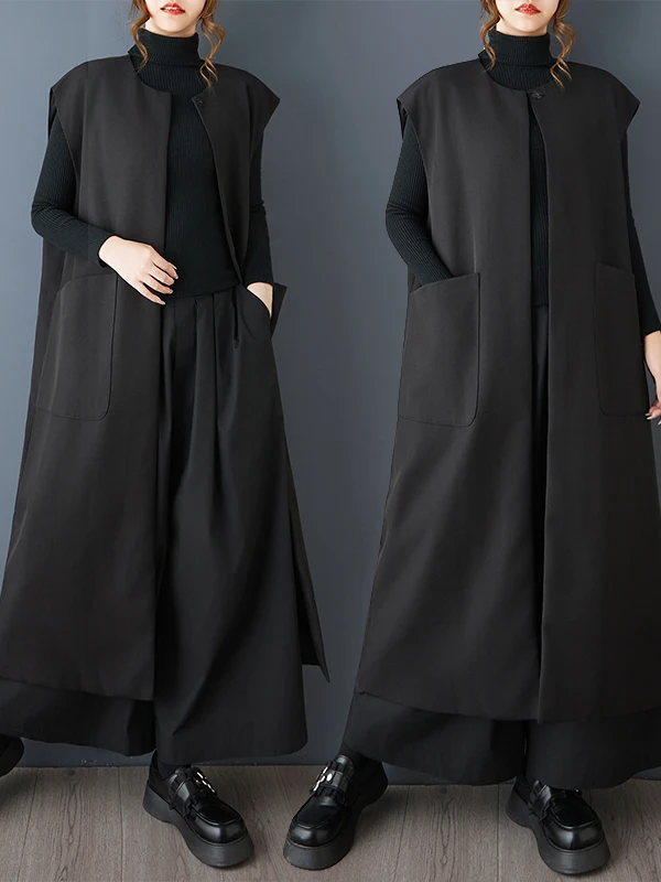 Slimming Double Layer Bla Long Vest Simple Sle Spring Autumn New Arrival k Sle Women's Faionable All-Match Open Ca...