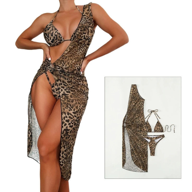 

2024 New Womens 3 Piece Swimsuits Bikini Set Leopard-Bathing Suits with Sheer Cover Up Long Beach-Skirt for Swimwear