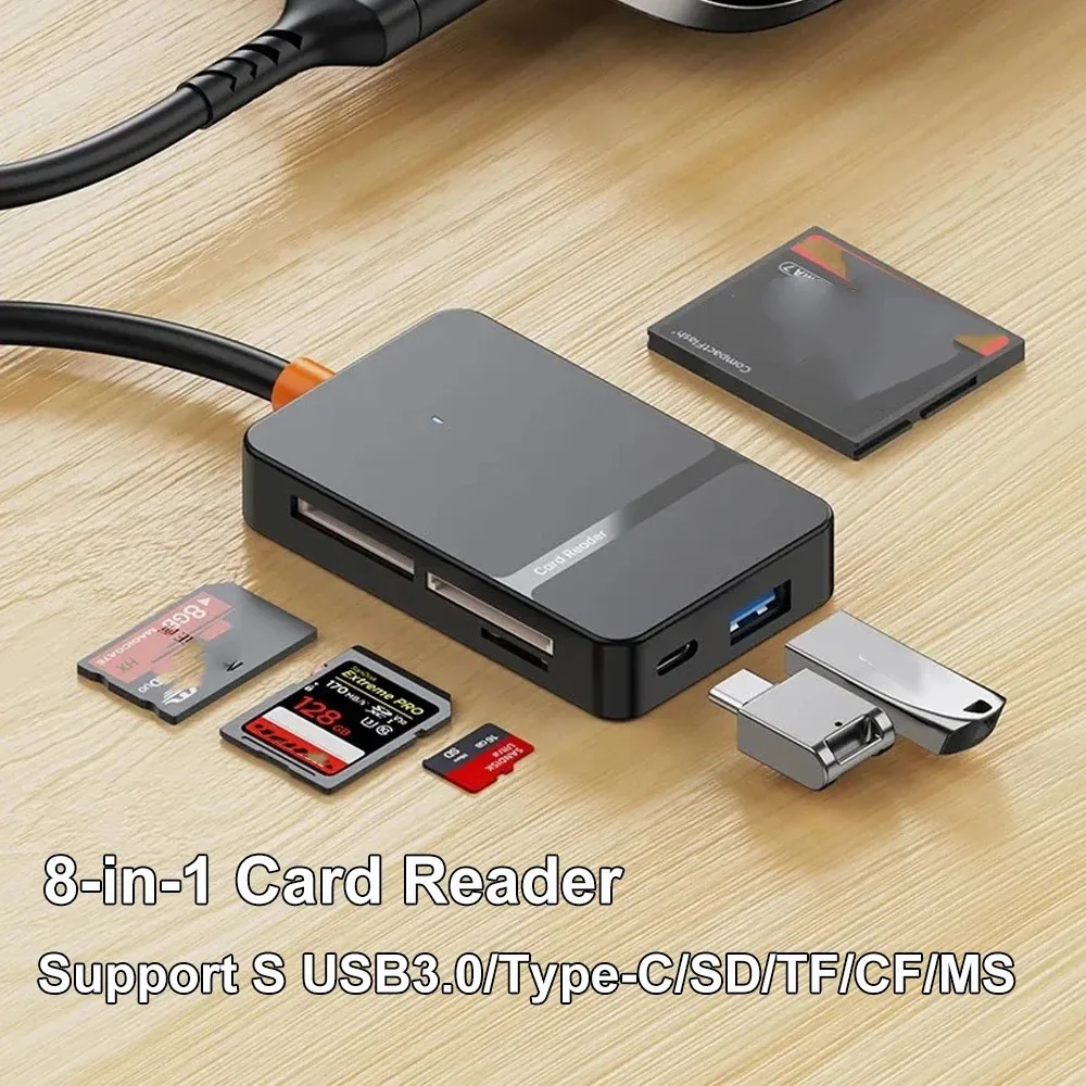 Lector de tarjetas 8 en 1 Hub USB 3.0 Lector de tarjetas de memoria CF/SD/MS/TF para PC iPhone 15 16 Convertidor de cámara de seguimiento Unidad flash USB externa Lector de tarjetas inteligentes