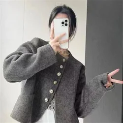 Wool Jacket Design Sense Small Fragrance Woolen Coat Women 2024Autumn Winter New Round Neck Outwear Double-Sided Overcoat Ladies