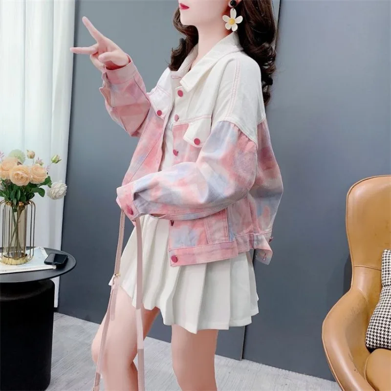 Tie-dyed Denim Jacket New Loose Short Jacket Long Sleeve Turn-down Collar Women in Autumn 2024