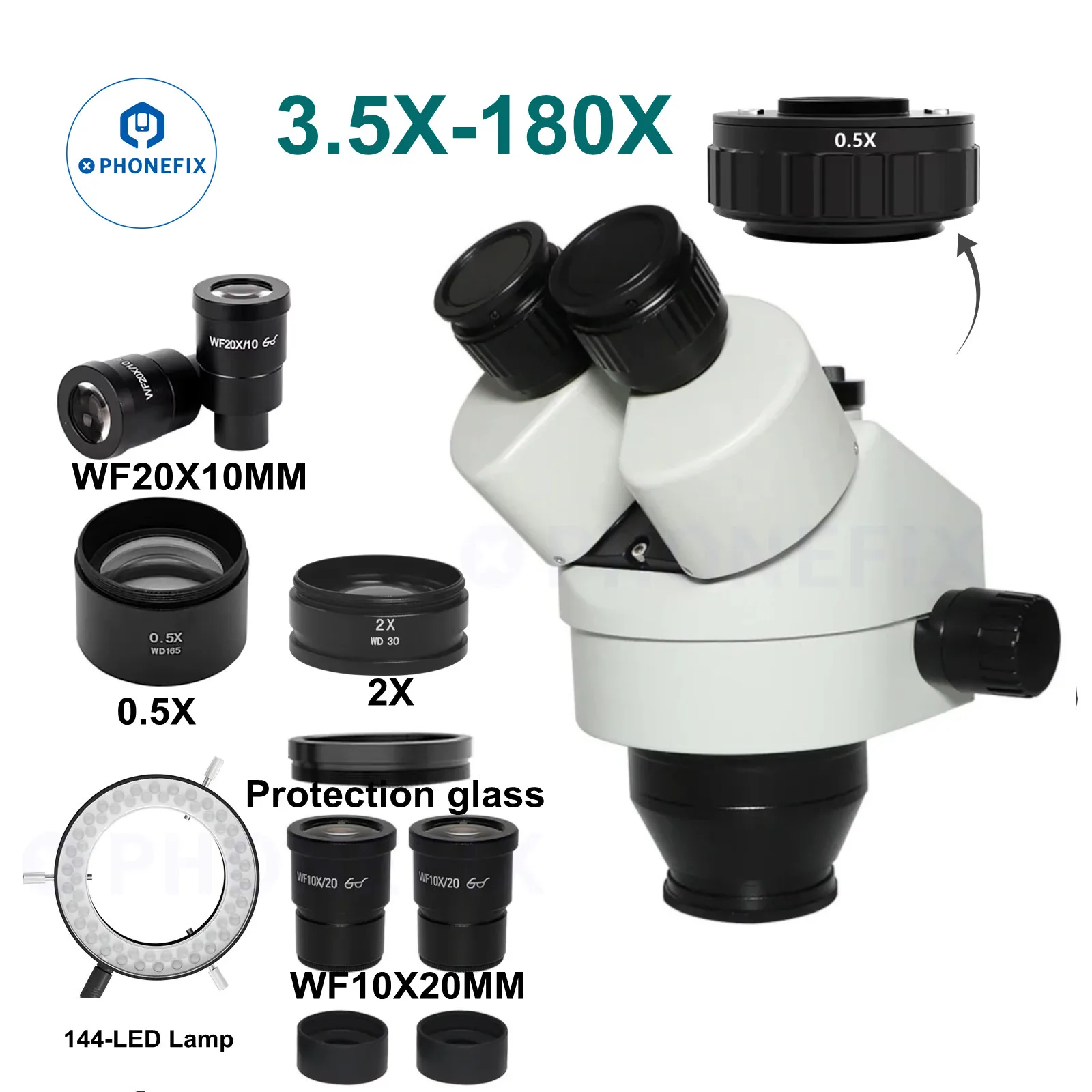 3.5-180X 7-45X Simul-Focal Trinocular Stereo Microscope Head Continuous Zoom 0.5X 2.0X Auxilliary Objective Lens For PCB Repair