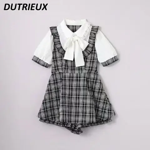 

Japanese Clothes Women Mine Plaid Short Sleeve Dress Shorts Set Fashion 2024 Summer New Puff Short Sleeve Dress Shorts Outfit