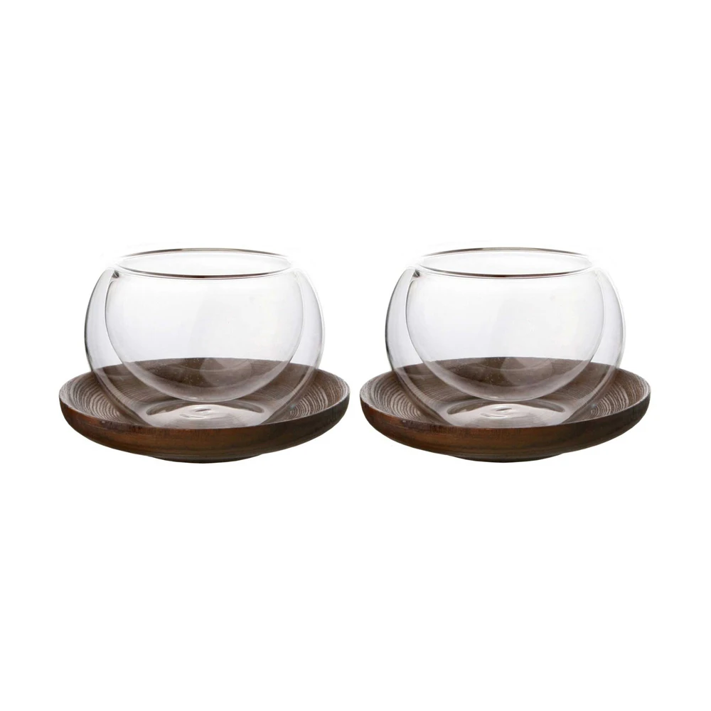 Home art wooden support glass Double Cup 2 person teacup set