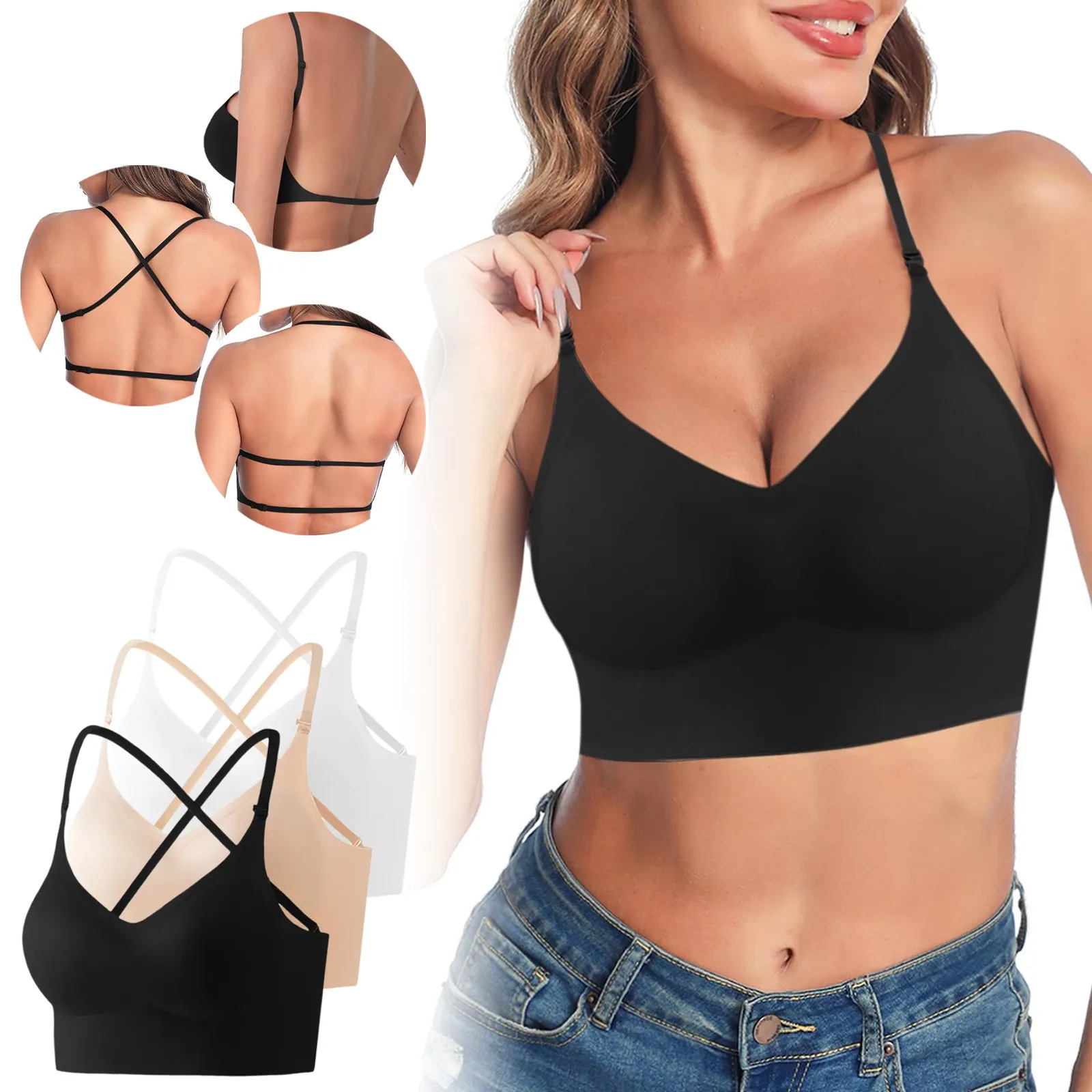 

Women's Low Back Bra Wire U Shaped Backless Bra Convertible Spaghetti Strap Seamless Sleeping Bralette Sports Bra Seamless